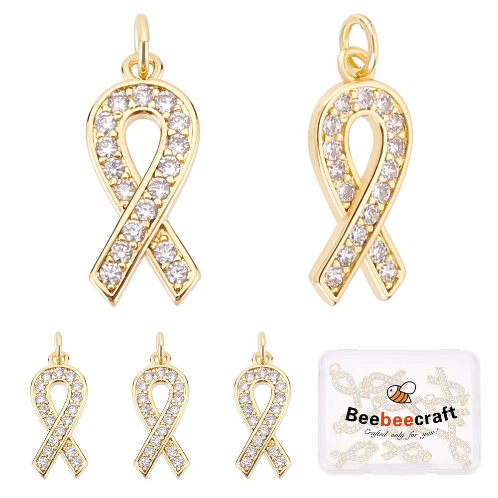7822 1 Box 10Pcs Ribbon Awareness Charms 18K Gold Plated Breast Cancer Hope